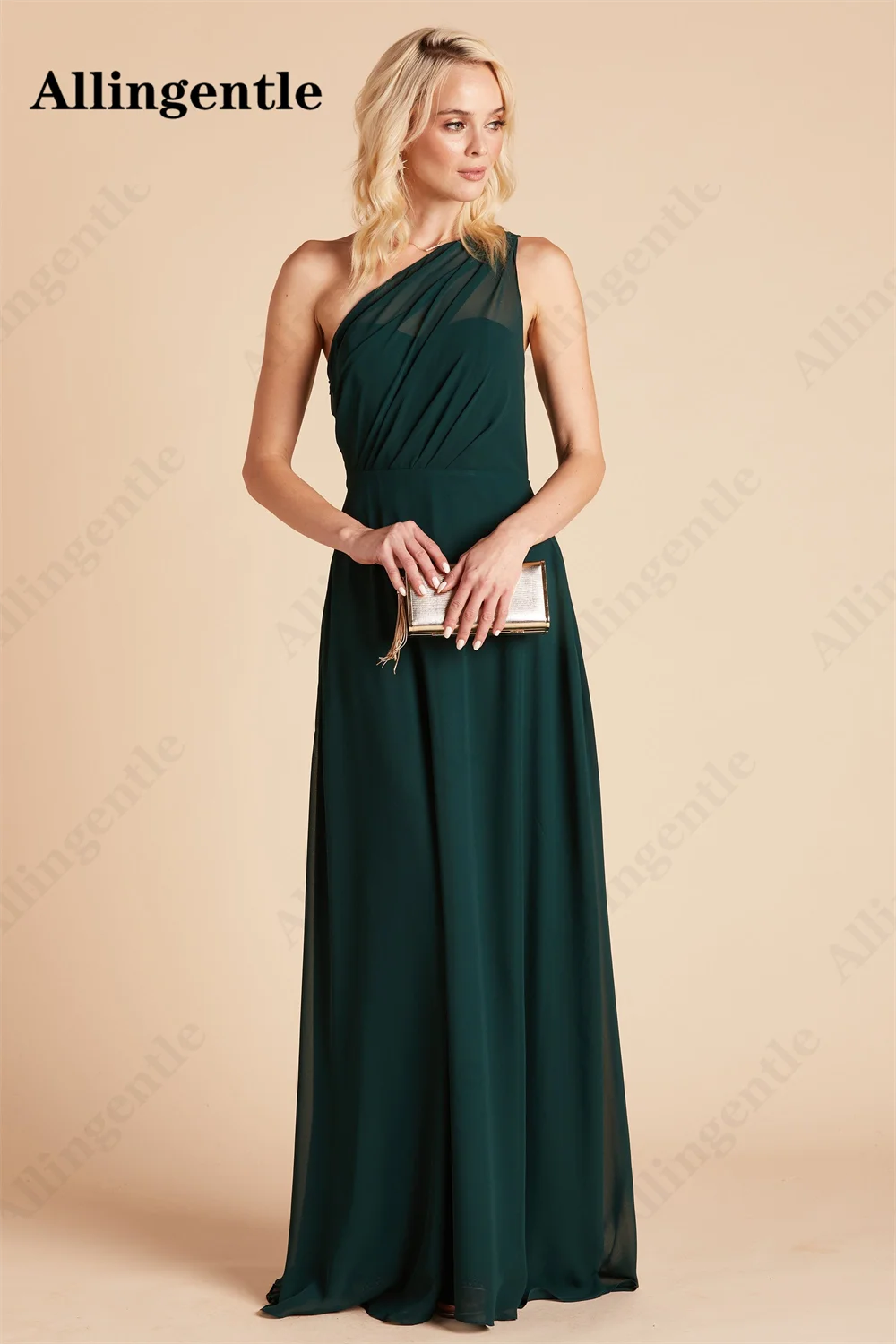 Allingentle Chiffon One Shoulder Bridesmaid Dress for Women Ruched Sleeveless A-Line Side Slit Formal Party Gowns with Pocket