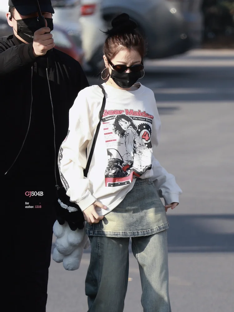 

Retro Street Sle Long Sve round Ne Cotton Sweatirt Printed Cartoon Letter T-irt for Young Women Casual Comfortable