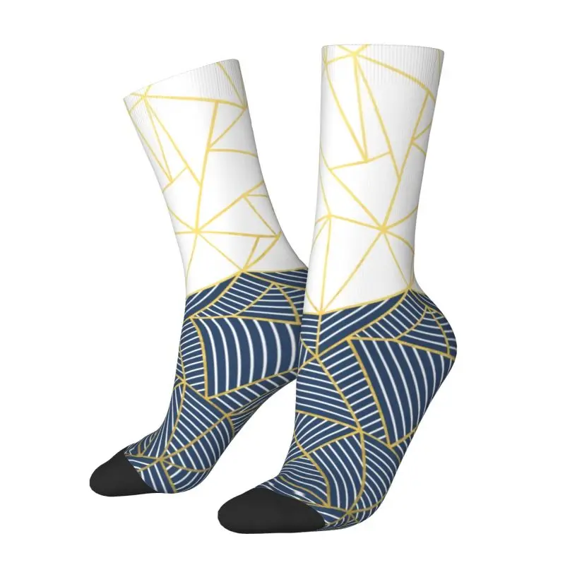 Custom Novelty Men's Abstract Lines Half And Half Navy And Gold Dress Socks Unisex Comfortable Warm 3D Printing Crew Socks