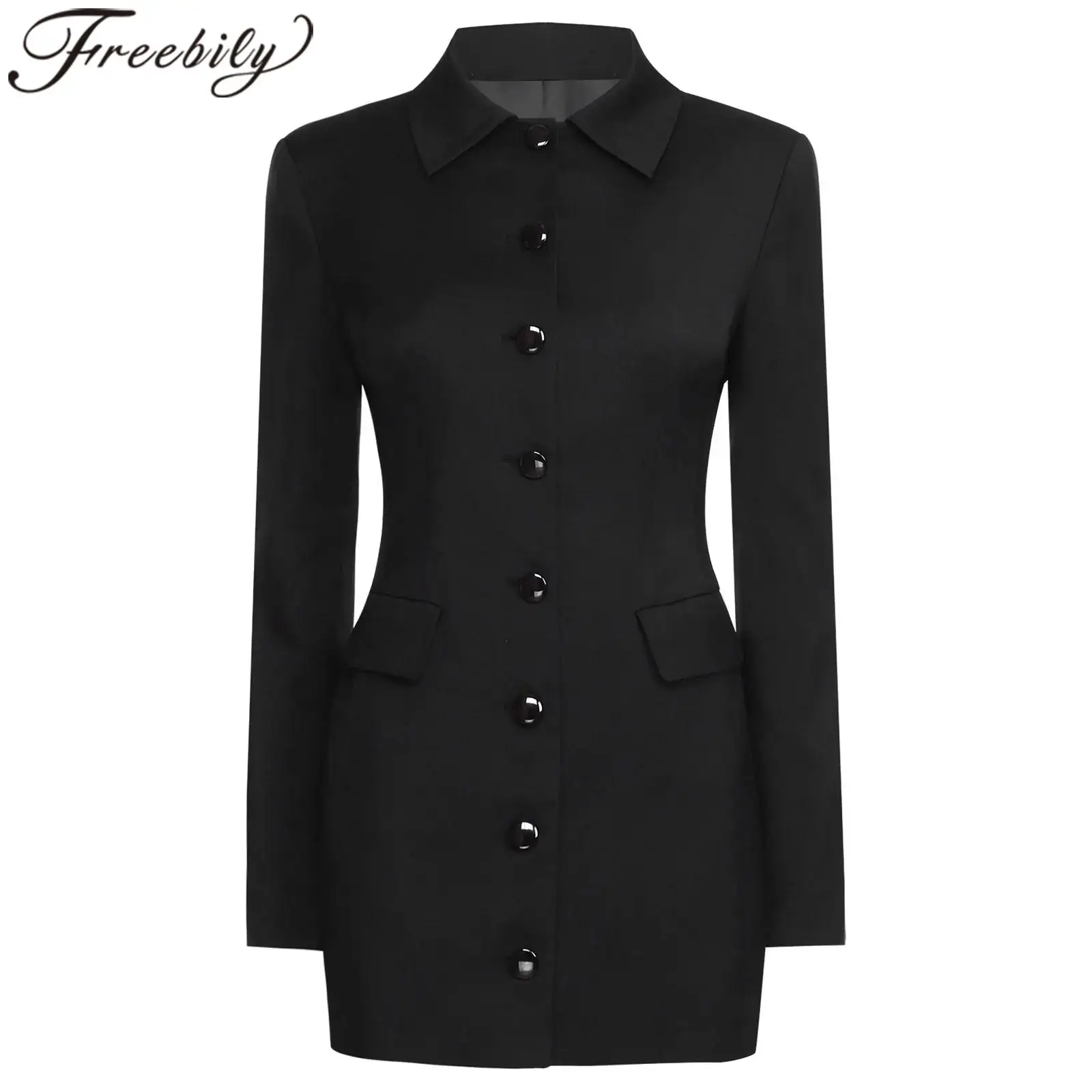 Robe de travail d'affaires pour femmes, manches longues, boutonnée, Blazer élégant, revers, Slim, Mini robe de bureau, costumes formels