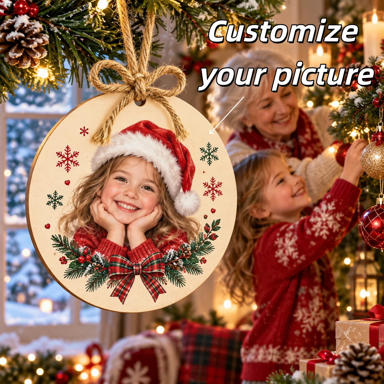 Custom Wooden Round Pendant Personalized Photo Engraved Ornament for Christmas Tree Bag Charm Gift Decor