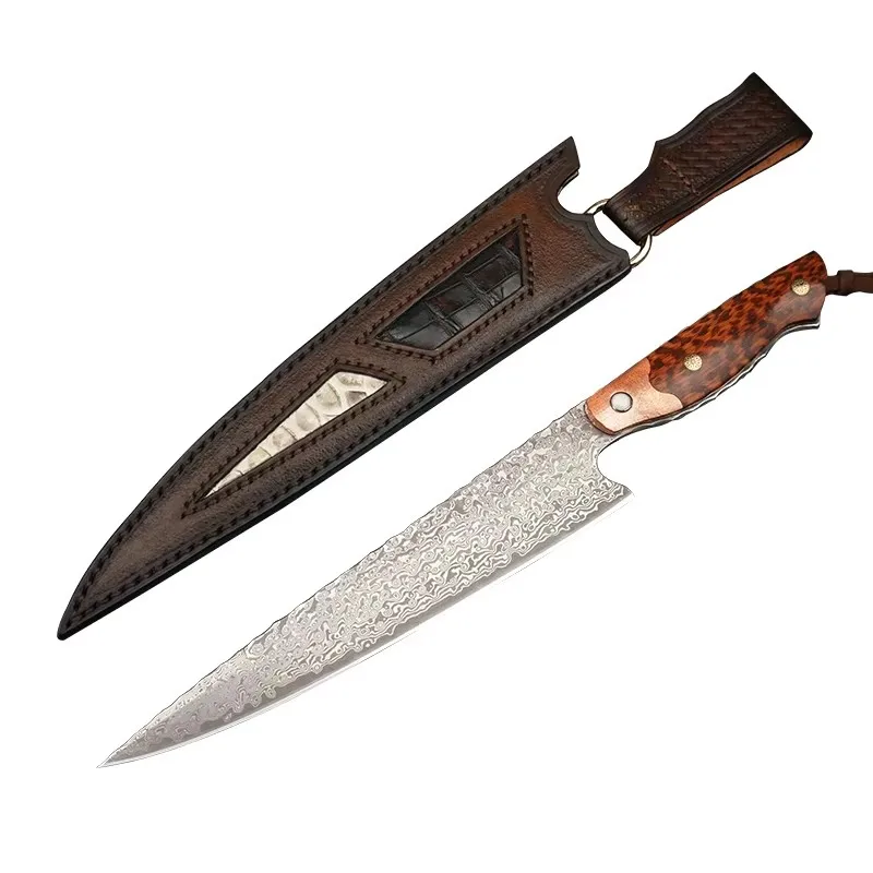 FZIZUO Chef Knife 8inch Full Tang Damascus Steel Snakewood Copper Handle Cooking Tool Handmade Kitchen Knives with Sheath