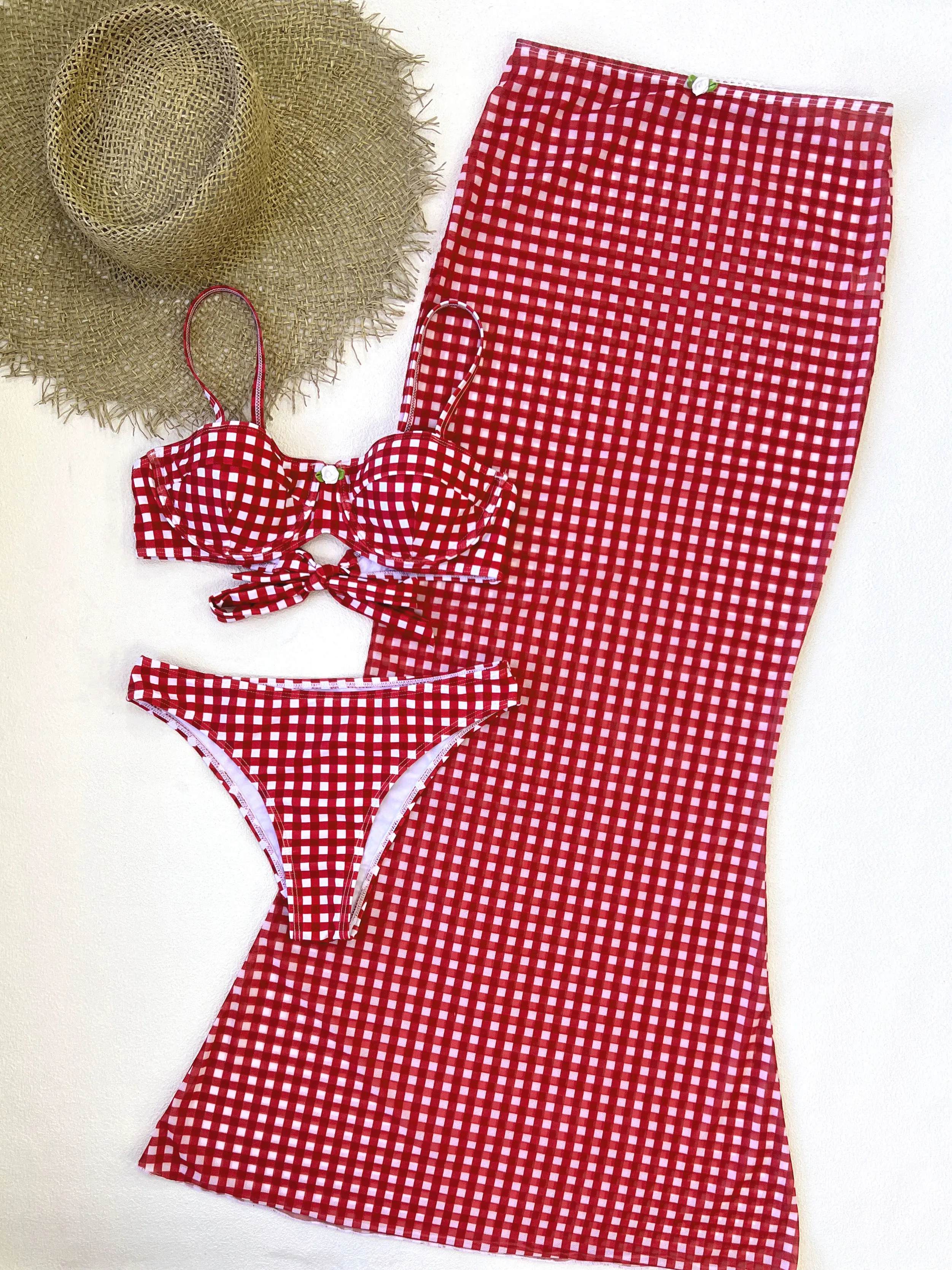 

2026 Новая мода Красный комплект бикини и длинной юбки Женский купальник из 3 предметов Леди Сексуальный решетчатый бикини Купальники Женская пляжная одежда Getways