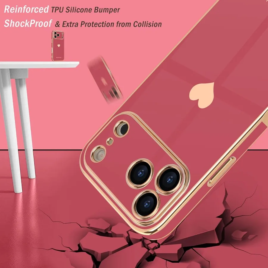 حافظة هاتف ناعمة ذهبية فاخرة على شكل قلب لطيفة مع واقي شاشة مدمج لهاتف iPhone 17 Pro Max [عبوة من قطعتين] - مقاوم للصدمات Ca