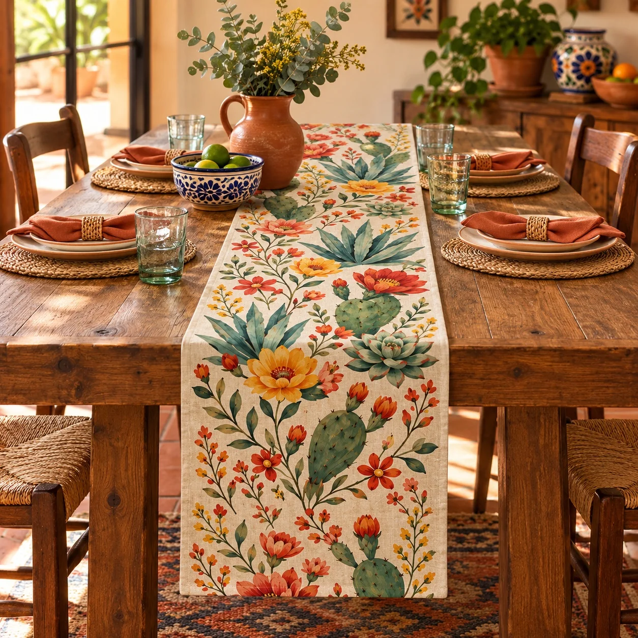 Mexican Cactus Agave Floral Table Runner Southwestern Desert Botanical Dining Table Decor Farmhouse Kitchen Decoration