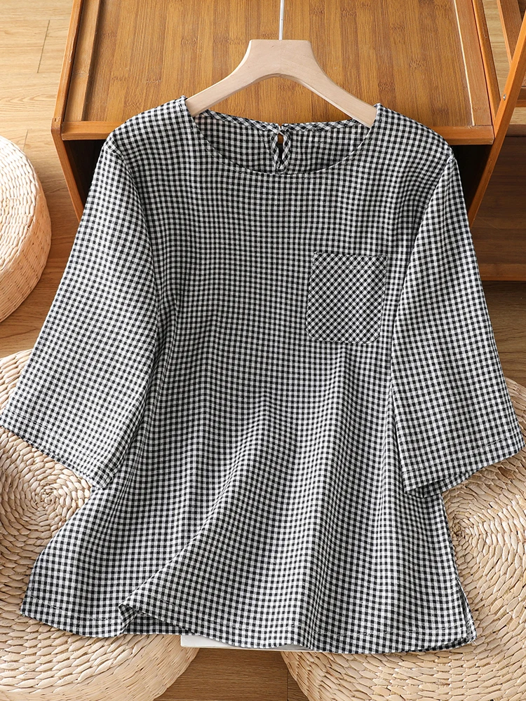

Casual Loose Women's round Neck Overhead Shirt Color Woven Grid Trendy Top Vintage Style Five Sleeve Length Summer Wear
