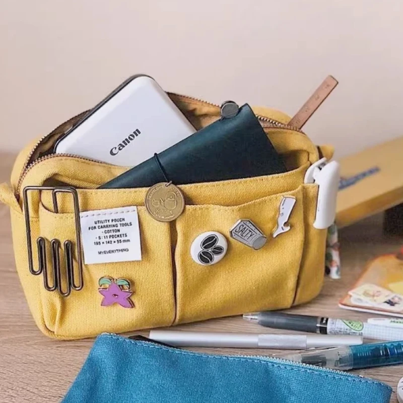 Storage Bag Large Canvas Student Notebook Storage Bag Pen Bag Ins Japanese Solid Color Portable Multifunction Bag