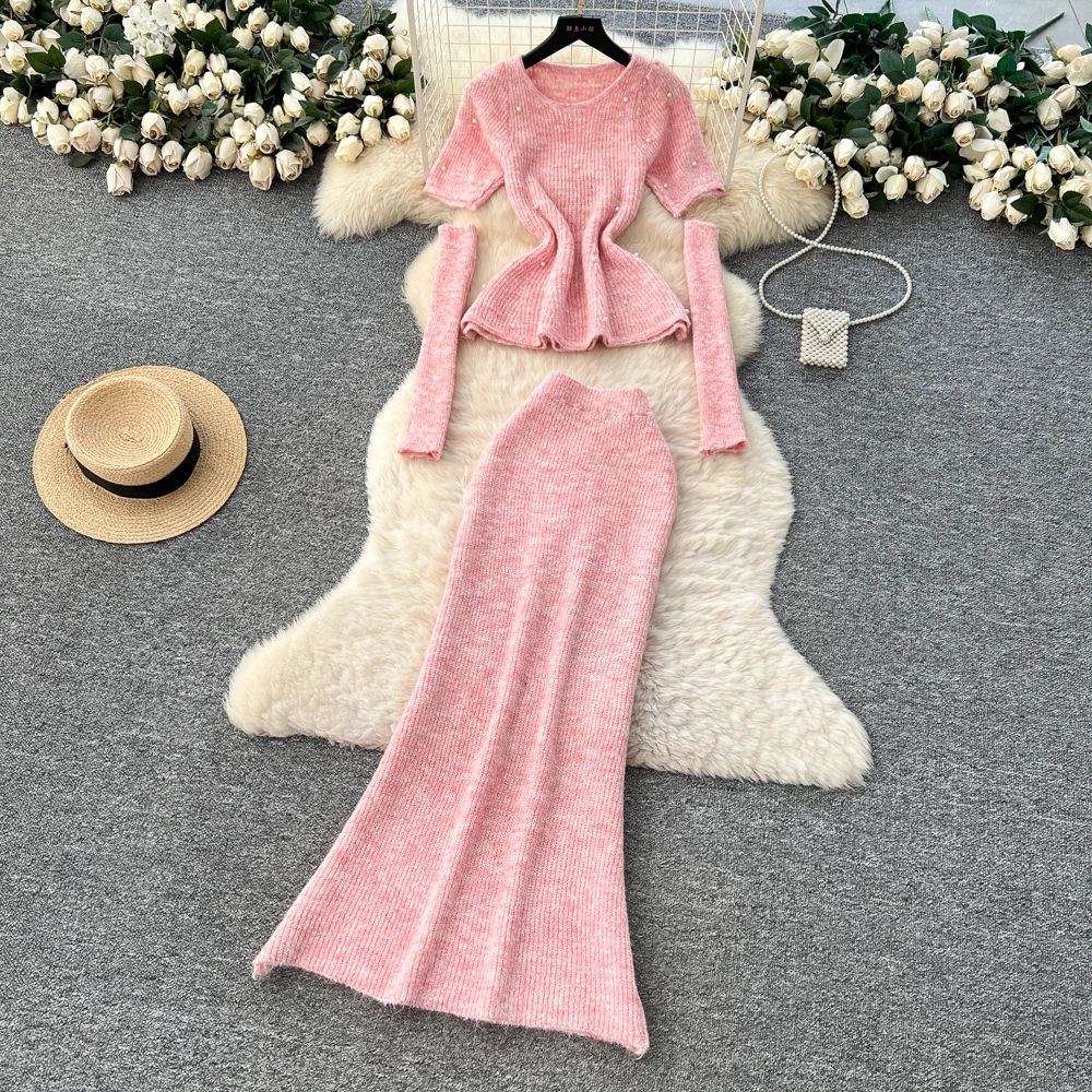 

Сексуальные винтажные элегантные вязаные тонкие женские вечерние корейские модные платья с круглым вырезом, комплект из двух предметов