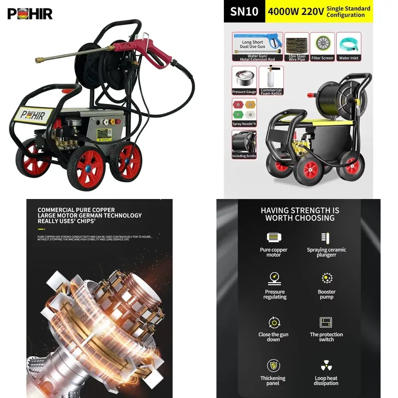 Hidrolavadora Eléctrica Portátil de Alta Presión 4000W con Carrete de Manguera de Acero 20L/Min para Lavado de Coches