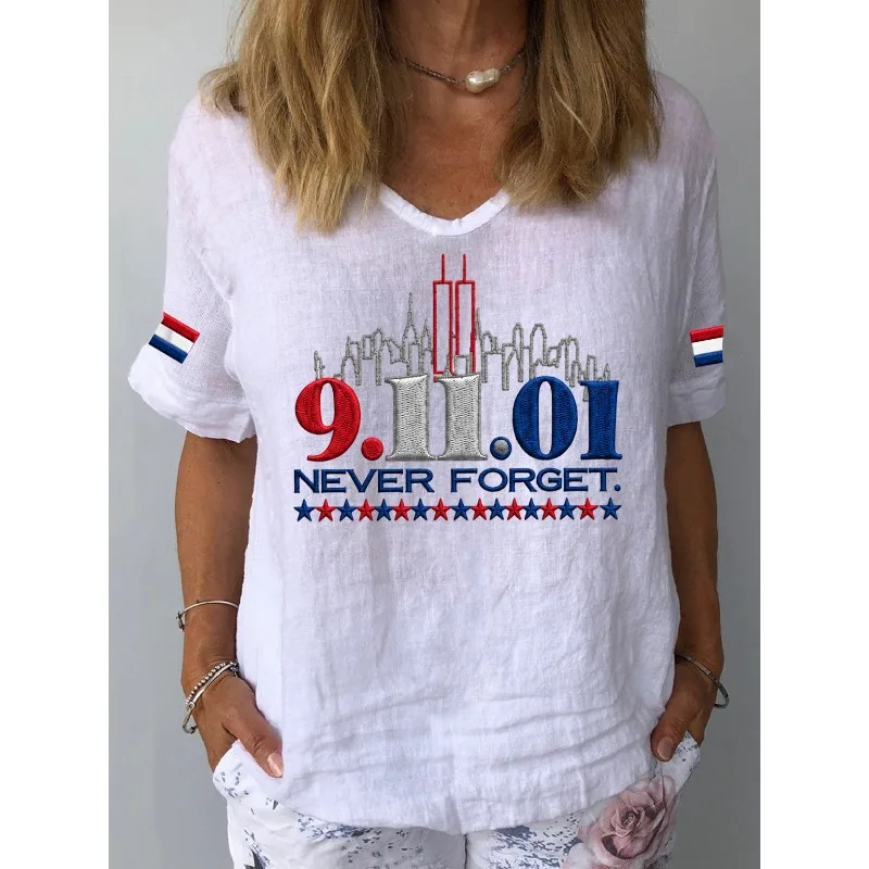 ilstile Women's America Never Forget Print T-Shirts Summer Short Sleeve Casual Loose V Neck Tops Tees White