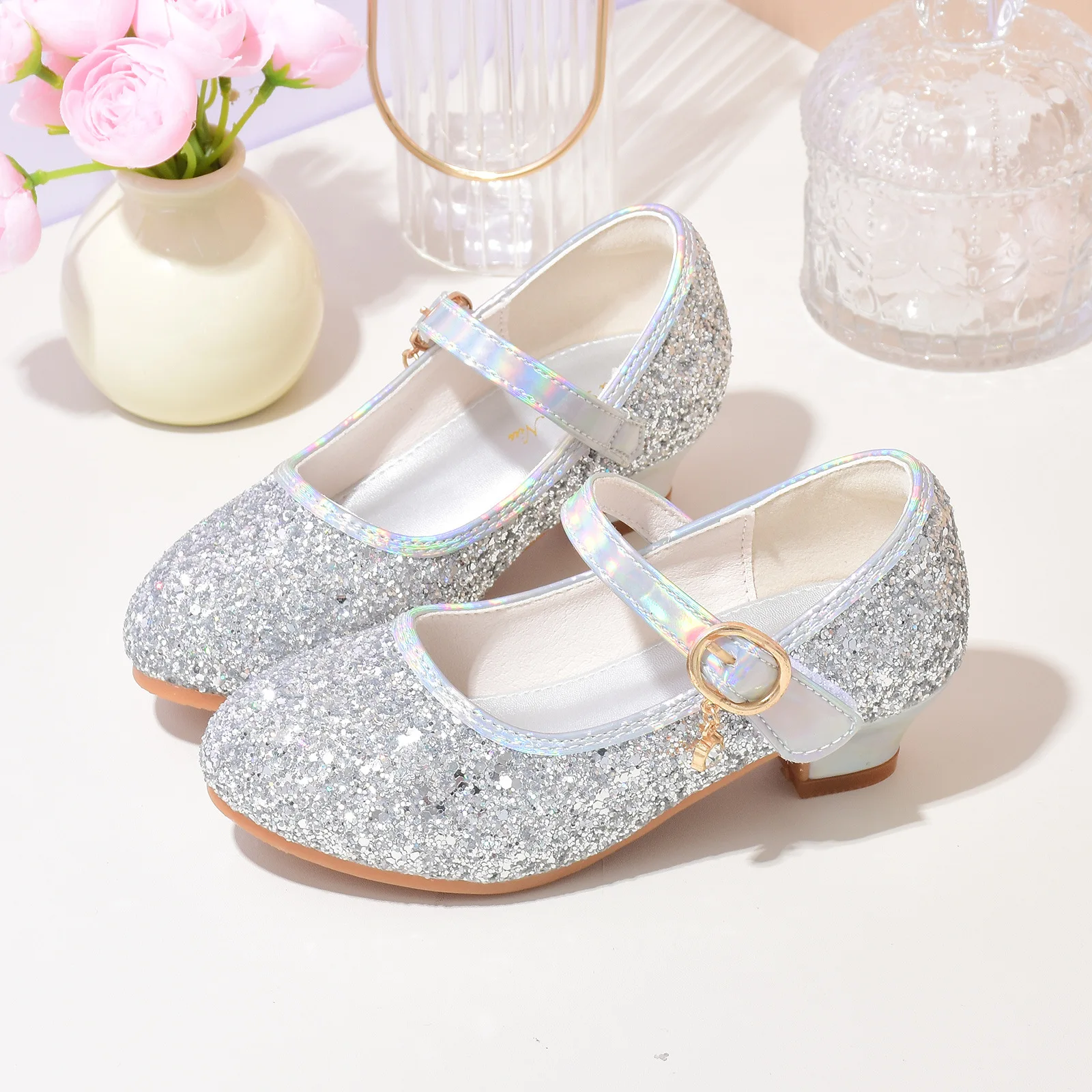 

Girls Fashion Show Crystal High Heels New Versatile Mary Jane Fashion Sequins Princess Wedding Shoes School Dance Party Sandals