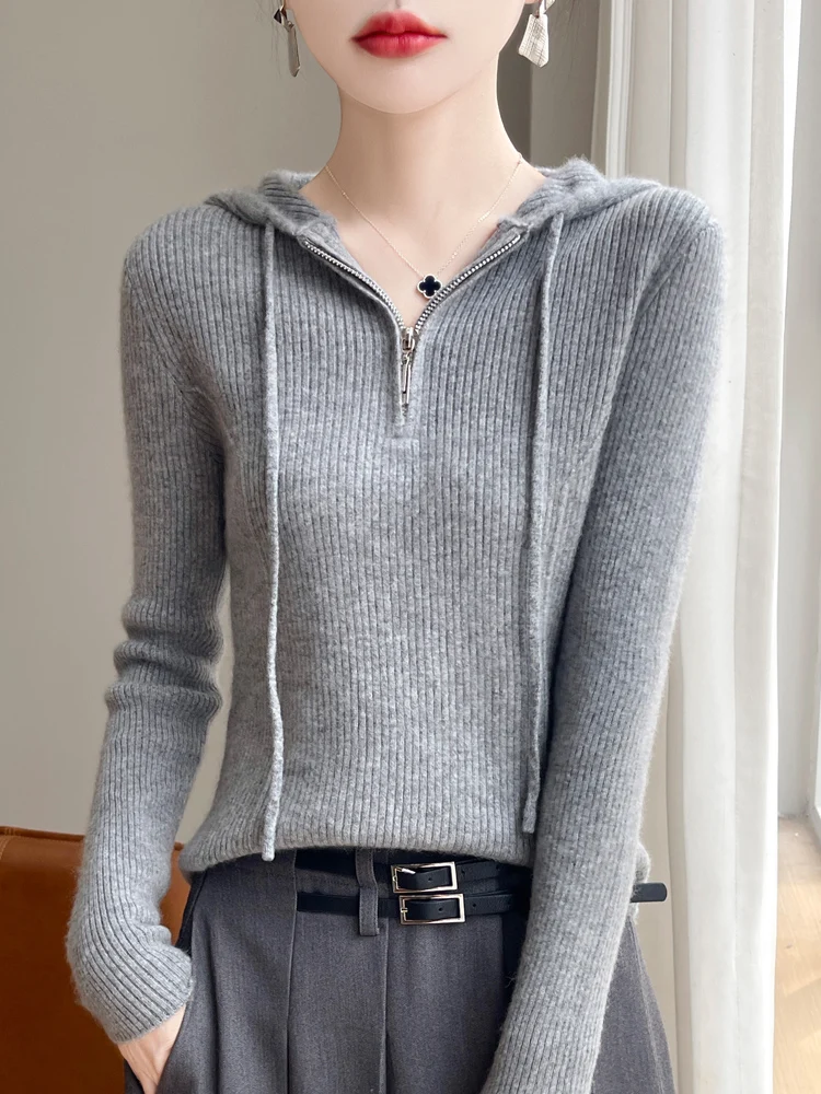 

Spring Autumn Women 100% Merino Wool Knitwear Sweater Long Sleeved Hooded Stripe Solid Color Pullover Casual Tops Simple Style