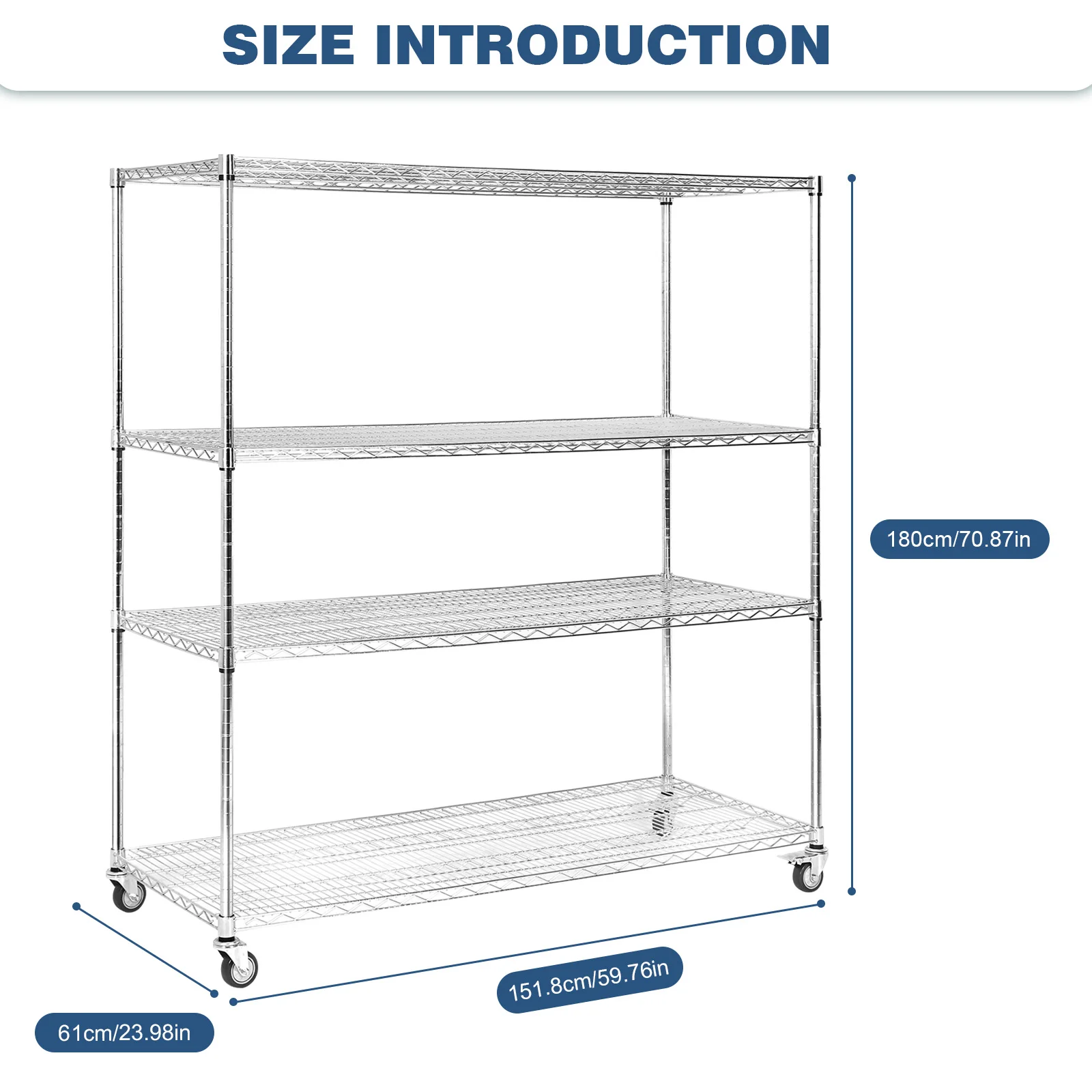 5-Tier 70.87x59.76x23.98in Metaaldraad Rekken met Wielen Opbergrek Organizer voor Magazijn Garage Ziekenhuis Commerciële Ruimte