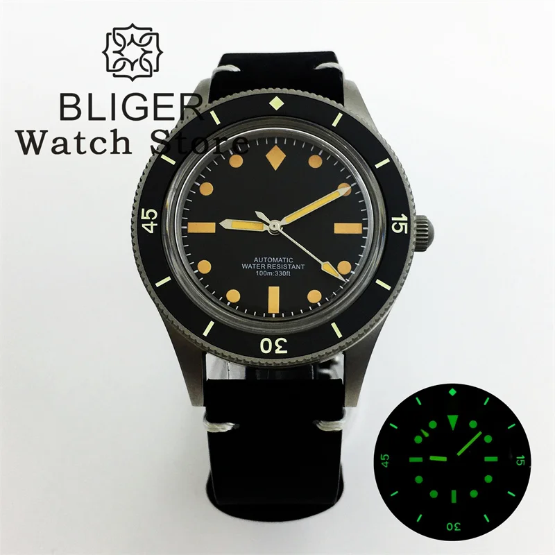 BLIGER 40mm Vintage 50 FATHOMS Automatic Diver Watch For Men NH35 PT5000 Movt Dome Sapphire Glass Sandblast Case Leather Strap