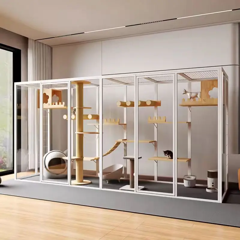Modern White Fashionable Cat Villa Lightweight Aluminum Frame with Casters Solid Wood Breathable Indoor Pet Climbing House