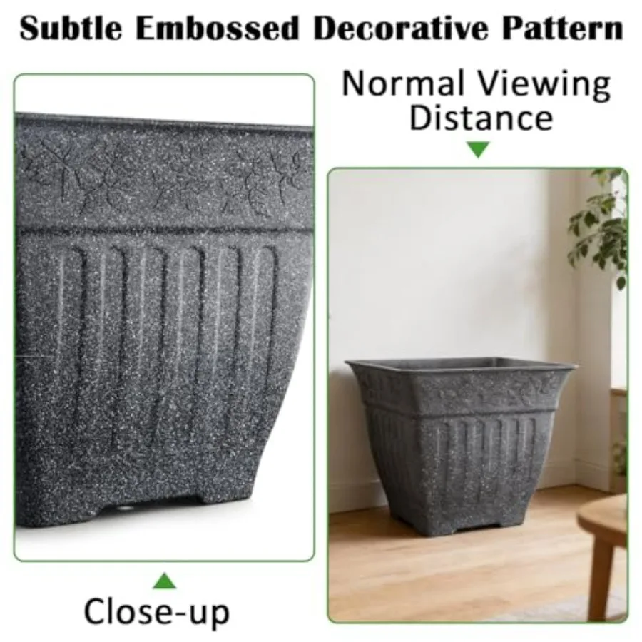 18 Large Square Planter for Outdoor Plants Imitation Cement Plastic, Gray, 4-Pack with Drainage Holes 2cm Raised Base, 14 Gal S