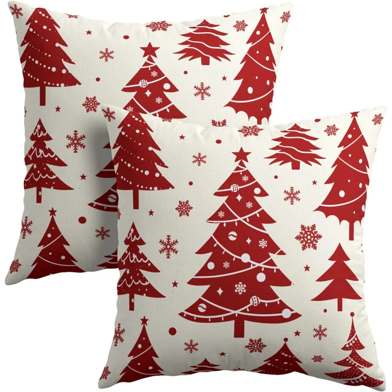 

Red Christmas Tree Pillowcase Winter Snowflake White Pillow Set 2-piece Decorative Cushion Suitable for Home Sofa Living Room