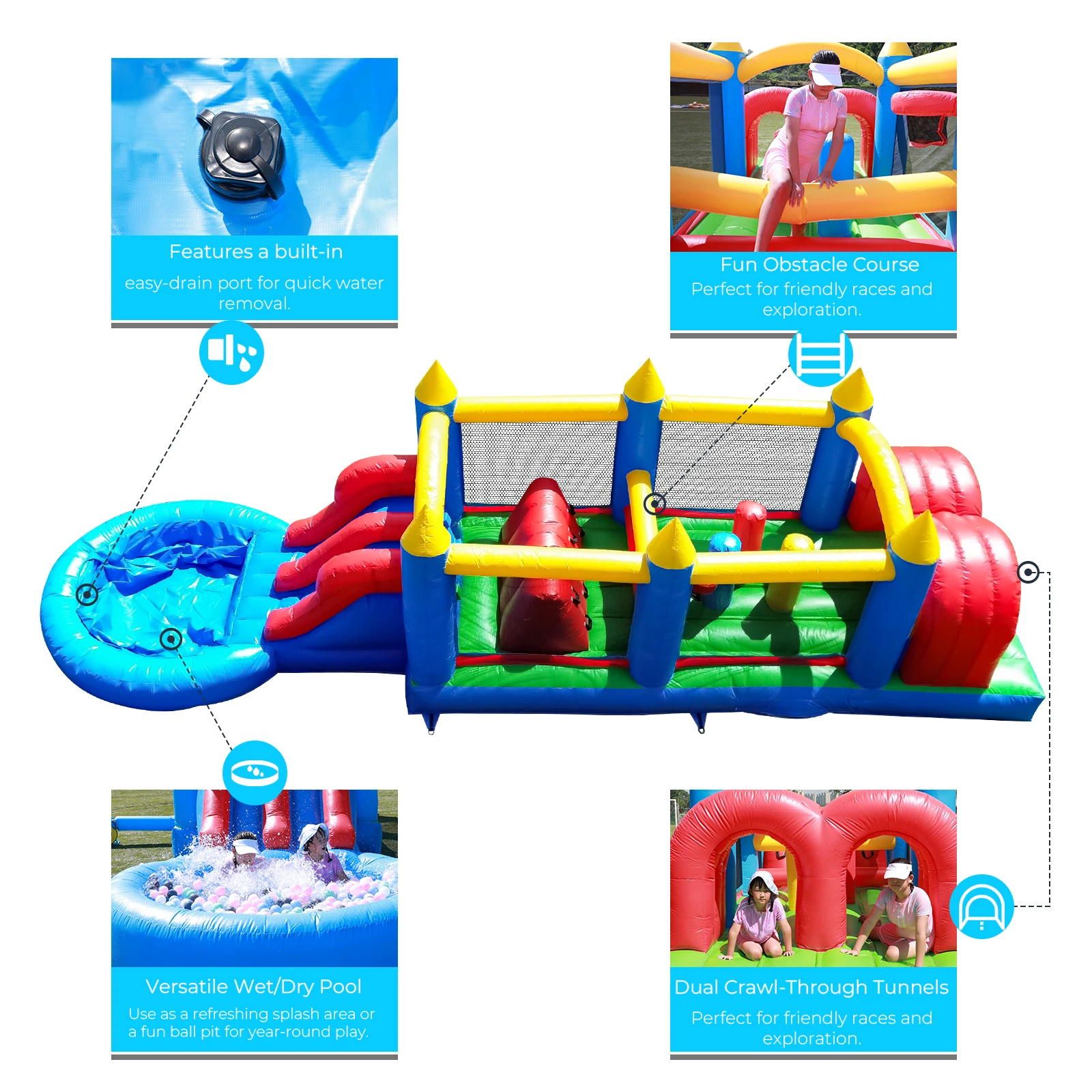 Piscina di palline gonfiabile per acqua macaron al 100% in PVC per bambini Attrezzatura per giochi d'acqua per palestra nella giungla con ventilatore d'aria da 1100 W