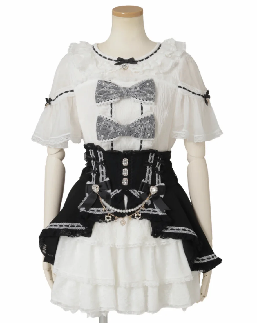 Falda japonesa nueva de otoño de dos piezas de imitación de cintura alta con forma de pastel, faldas elegantes con lazo de diamantes y cadena de Lolita, faldas cortas de princesa acampanadas