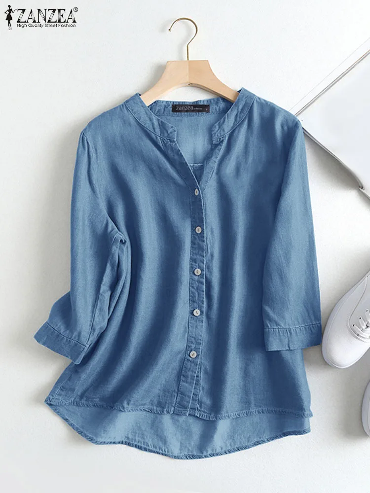 Fashion Summer Denim Blue Shirt Women Elegant V Neck 3/4 Sleeve Blouse 2024 ZANZEA Casual Buttons Down Tops Work Blusas Chemise