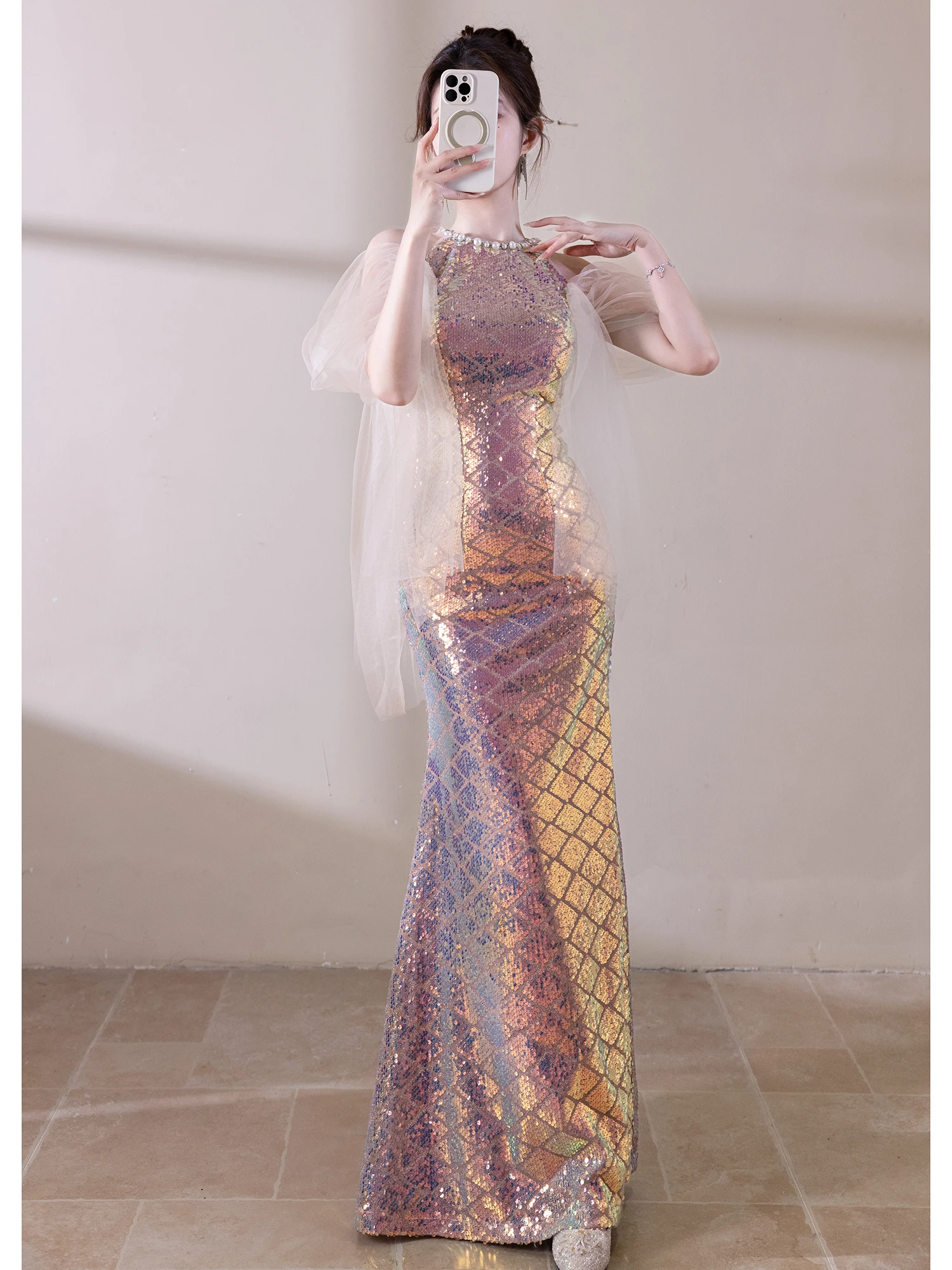 

Ele Evening Gown Women's New 2026 High-End Birthday Par Luxury Sequin Fi Tail Skirt Pink Sexy round Ne Long Dr