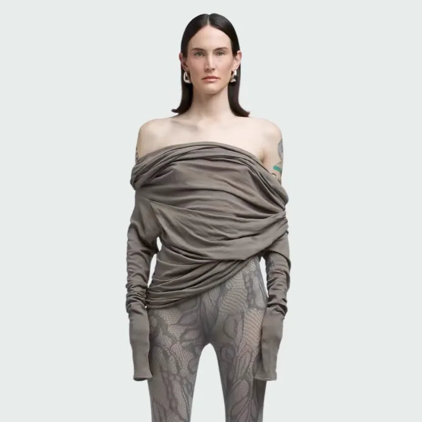 2025 Autumn New Off Shoulder Stacked Neck Extra Long Sleeve Ruffle Layered T Shirt Knit Y2k Top