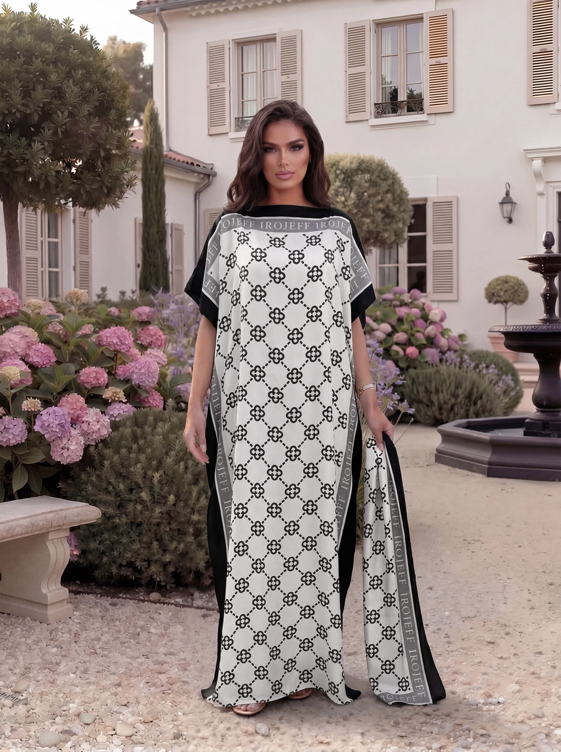 Luxury Geometric Lattice Print Satin Abaya Scarf Set, Loose Batwing Maxi Kaftan Dress for Muslim Women Summer Daily Holiday Wear
