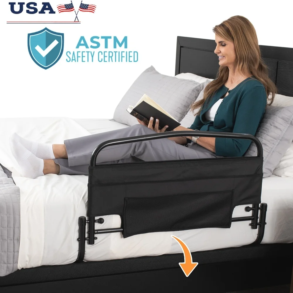 

30 Inch Folding Safety Bed Rail with Padded Pouch Seniors Adults Bedside Assist Bar Prevent Falls Compatible with Most Beds