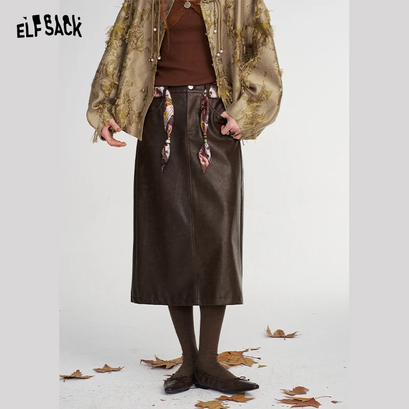 ELFSACK Women's  Midi Skirt with Scarf Belt Detail, Oriental Style Straight Skirt for Everyday Casual Wear