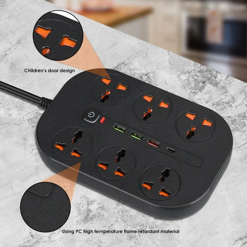 

Power Strip Surge Protector Electrical Sockets with 3 USB 1 Type-C Ports 2m Extension Cord 6 Universal Outlets EU,UK,US Plug