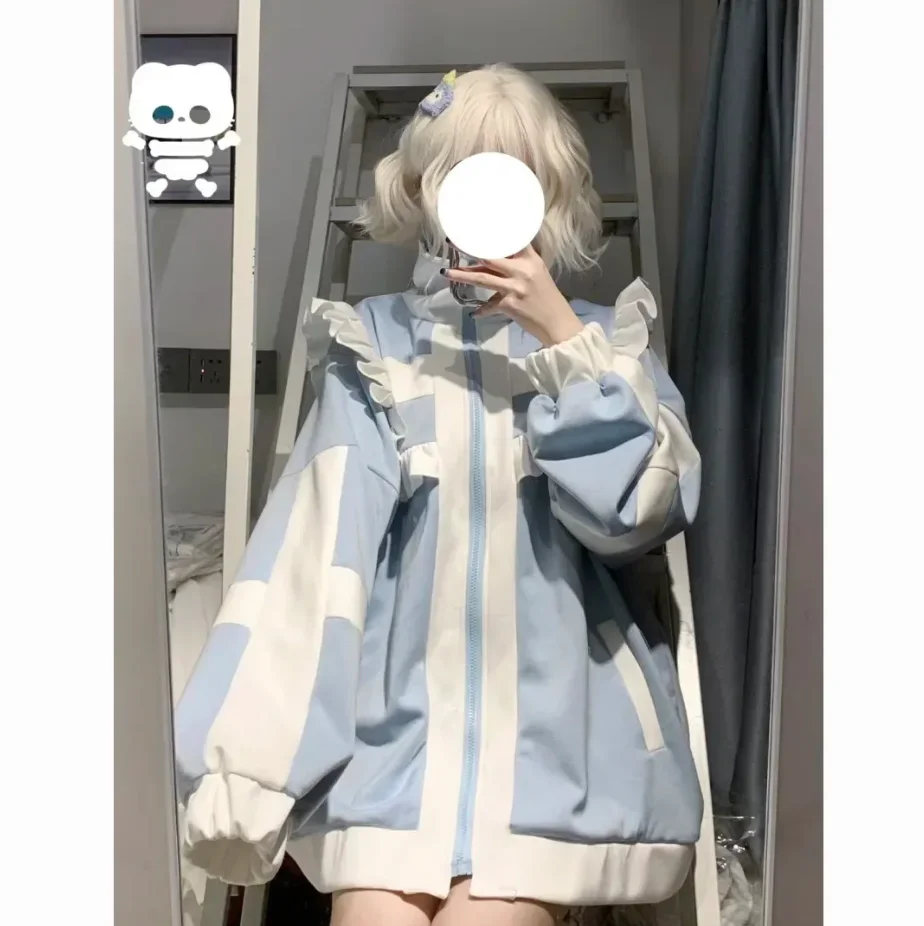 Japanische lässige süße y2k kawaii Hoodies lose alle passen niedlichen Kontrast farbe Frauen Mantel Mode gekräuselte Fee Reiß verschluss Sweatshirts