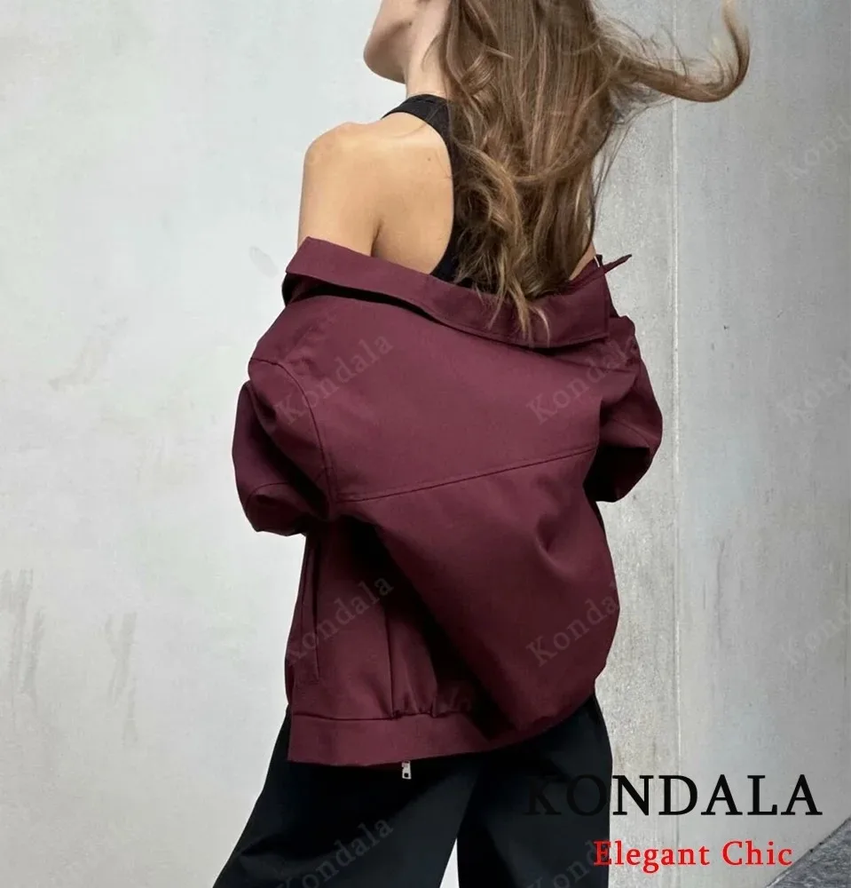 KONDALA Women Vintage Loose Lapel Jacket Burgundy Color Zipper Jacket New 2025 Spring Autumn Stylish Versatile Casual Jacket