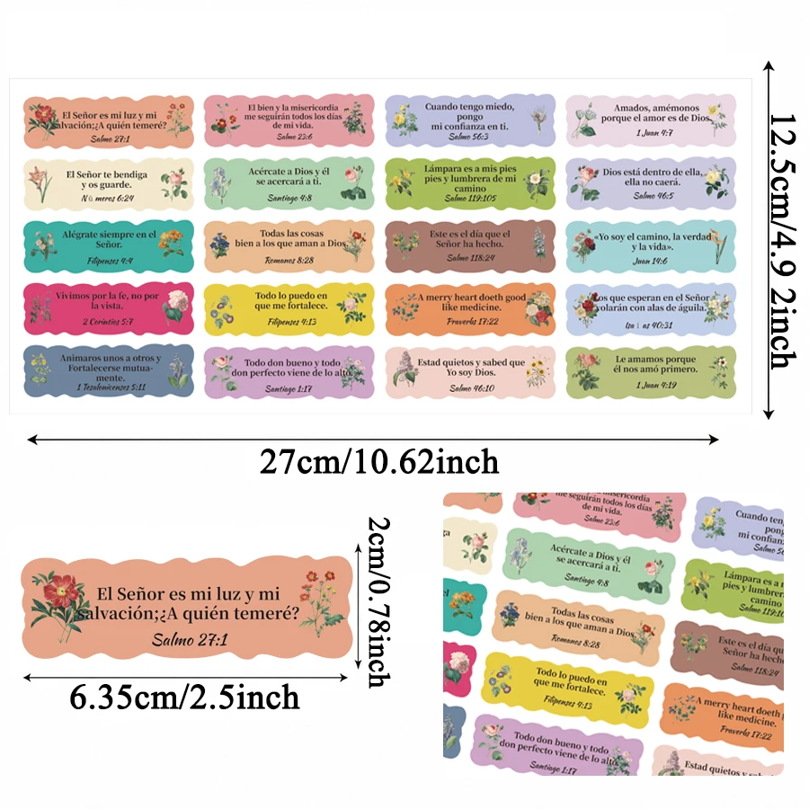 200 Pcs Spanish Bible Verse Stickers, Christian Scripture Quote Labels, 20 Designs Floral Faith Stickers for Journals