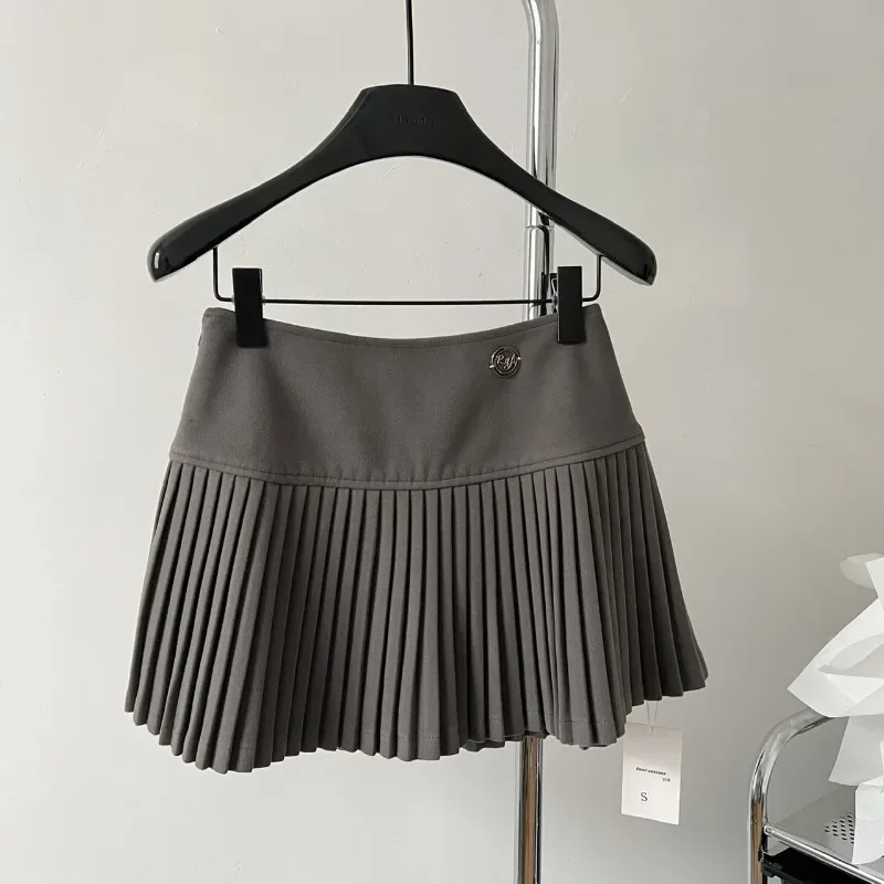 Falda corta plisada de lana para mujer, de cintura alta minifalda, línea A recta, estilo coreano americano, Otoño e Invierno