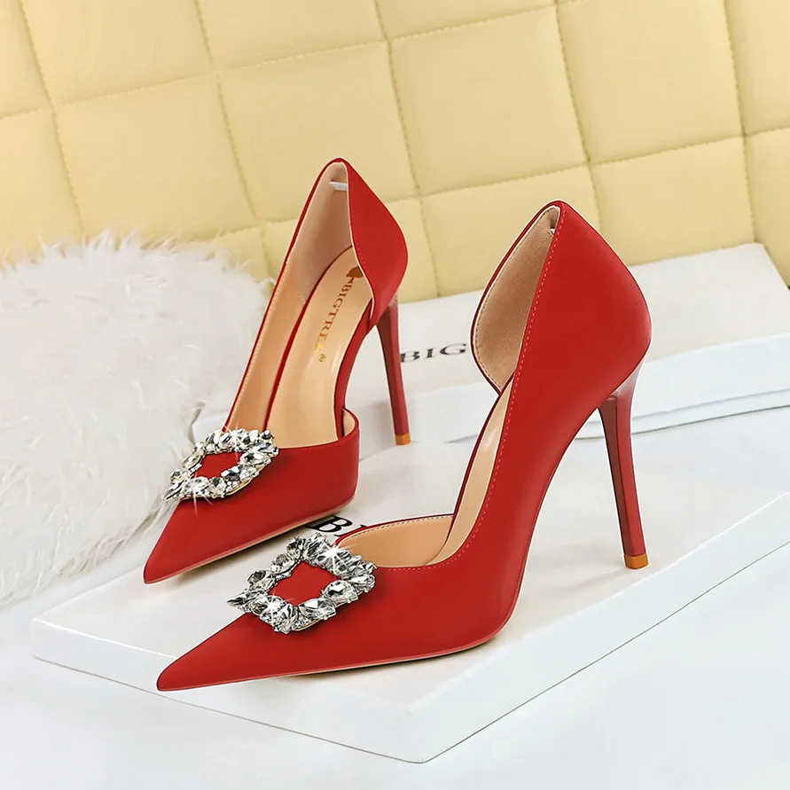 

Wine Red Women 10.5cm Heels Metal Rhinestone Woman Pumps Luxury Banquet Shoes Sexy Party Shoes Stilettos Heels 10 Colour Pumps