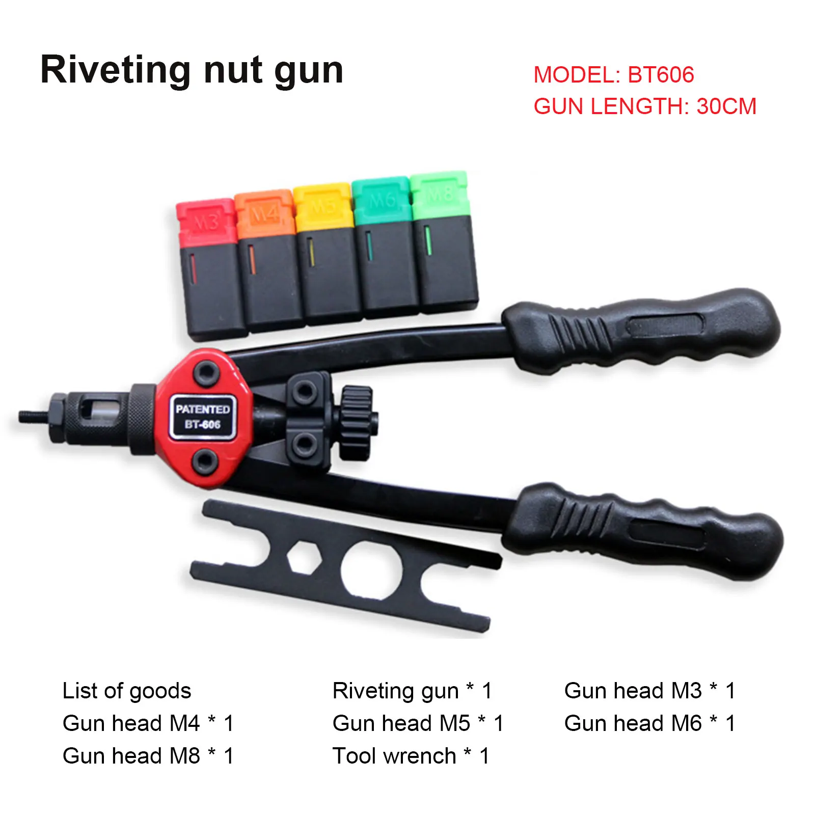 Pistola remachadora de mano, herramienta remachadora Manual de doble inserción, BT606, M3, M4, M5, M6, M8