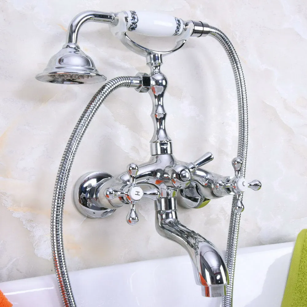 

Chrome Wall Mounted Clawfoot Bathtub Faucet Set with Handheld Shower Mixer Taps Lna197