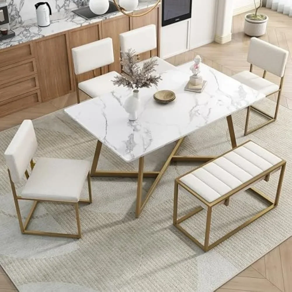 

6-Piece Dining Table Set, Metal Kitchen Table Set w/ 4 Dining Chairs & Bench, Modern Faux Marble Dining Room Set for Kitchen