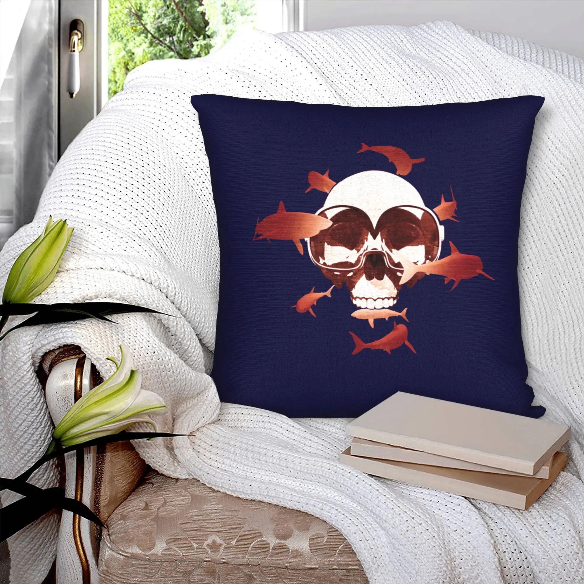 Scuba Diving Skull And Sharks Cushion Covers 40x40cm Polyester Diver Dive Lover for Car Square Pillowcase Living Room Decoration