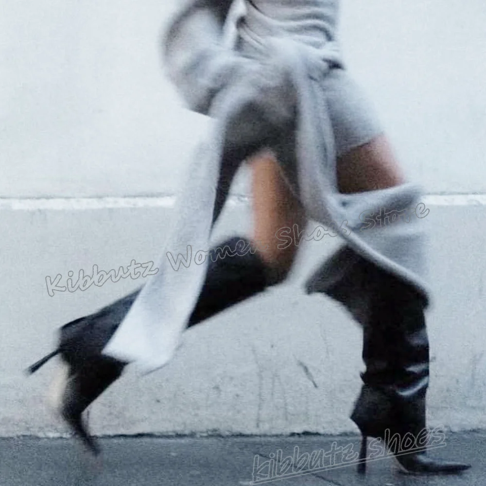 الانحناء الركبة عالية الأحذية الحديثة الجلود الانزلاق على بلون الموضة الجدة مثير أنيقة موجزة الفاخرة النساء أحذية مدبب رقيقة كعب #2