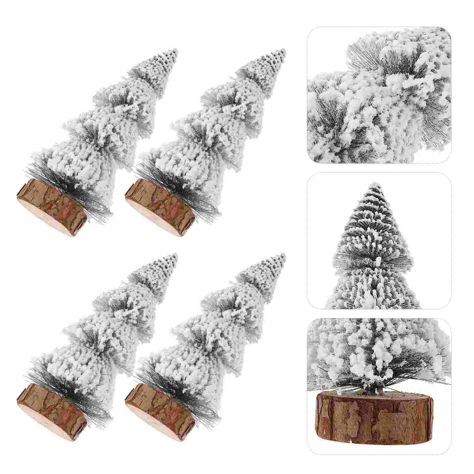 4 Pcs Christmas Tree Ornaments Decorations Mini Pine Needle Tower Flocked Cedar Artificial Xmas Small Frosted Tabletop Wood