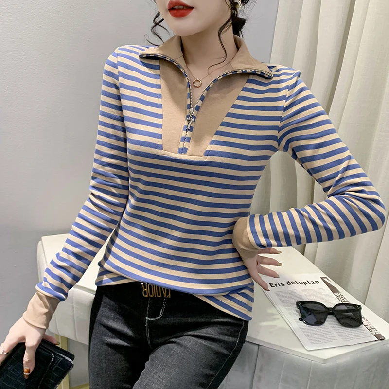 

2023 Fall Winter European Clothes T-Shirt Women Chic Patchwork Sexy Turn-down Collar Zipper Striped Tops Long Sleeve Tees 37079