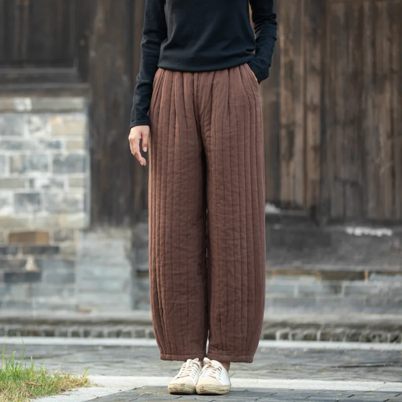 2025 acolchoado calças casuais femininas novo inverno cor sólida solta para baixo algodão calça feminina grosso quente longo calças retas