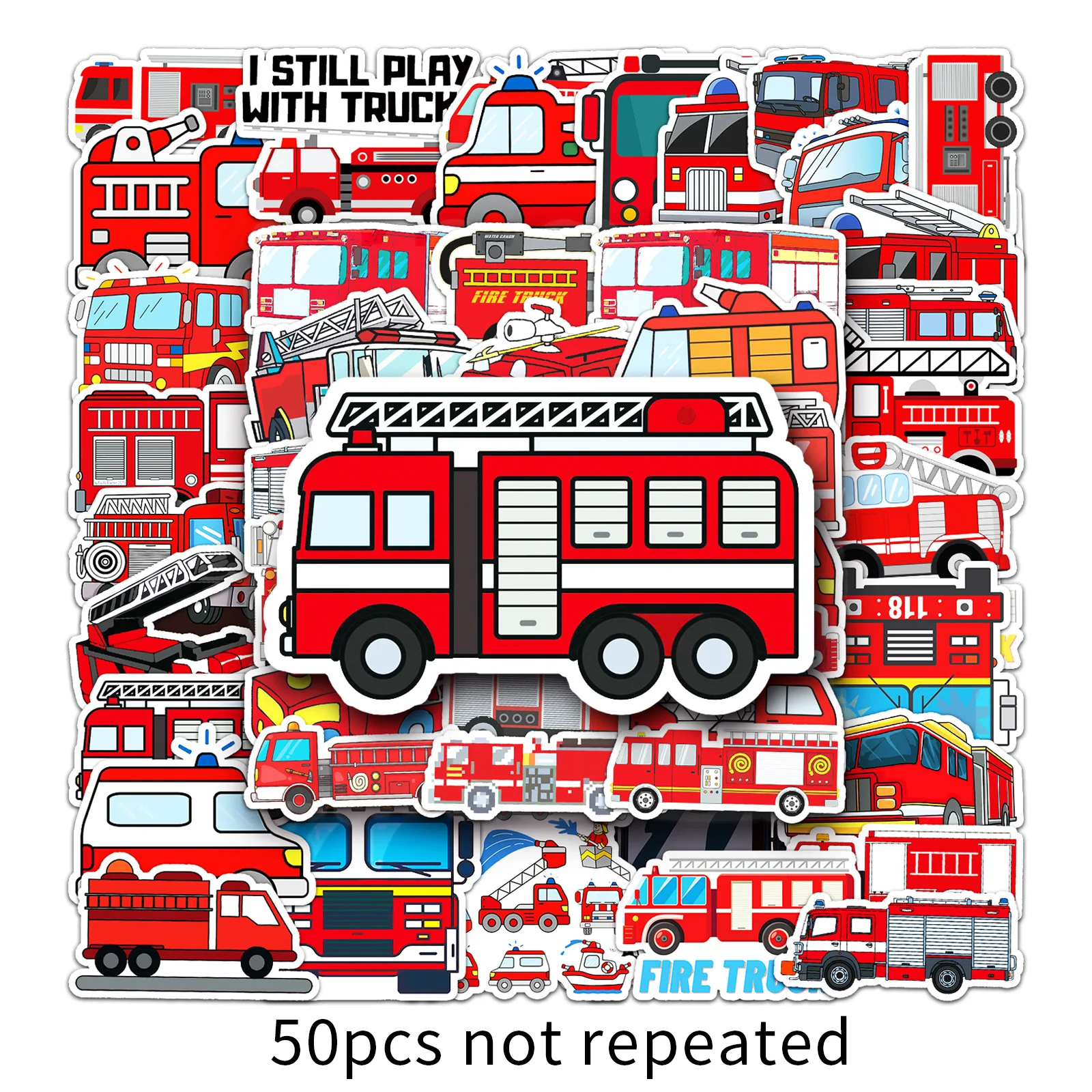 50PCS Cartoon Fire Truck Stickers Skateboard Laptop Motorcycle Graffiti Sticker Decals Kids Toy