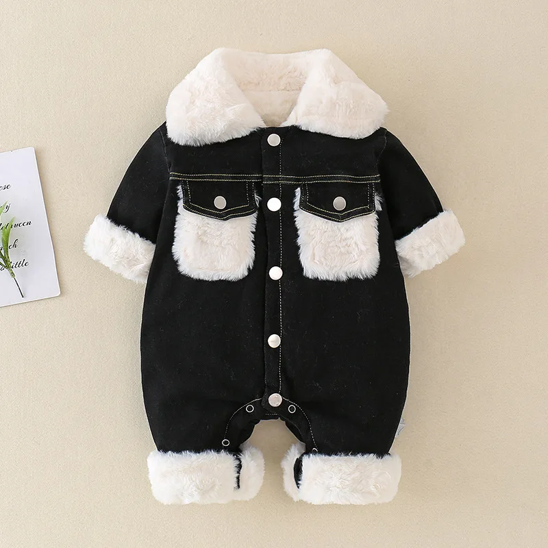 Infant Denim Jumpsuit Fall Winter Fleece Coat Newborn Baby Thick Warm Fur Collar Cotton Romper Children Handsome Outdoor Clothes