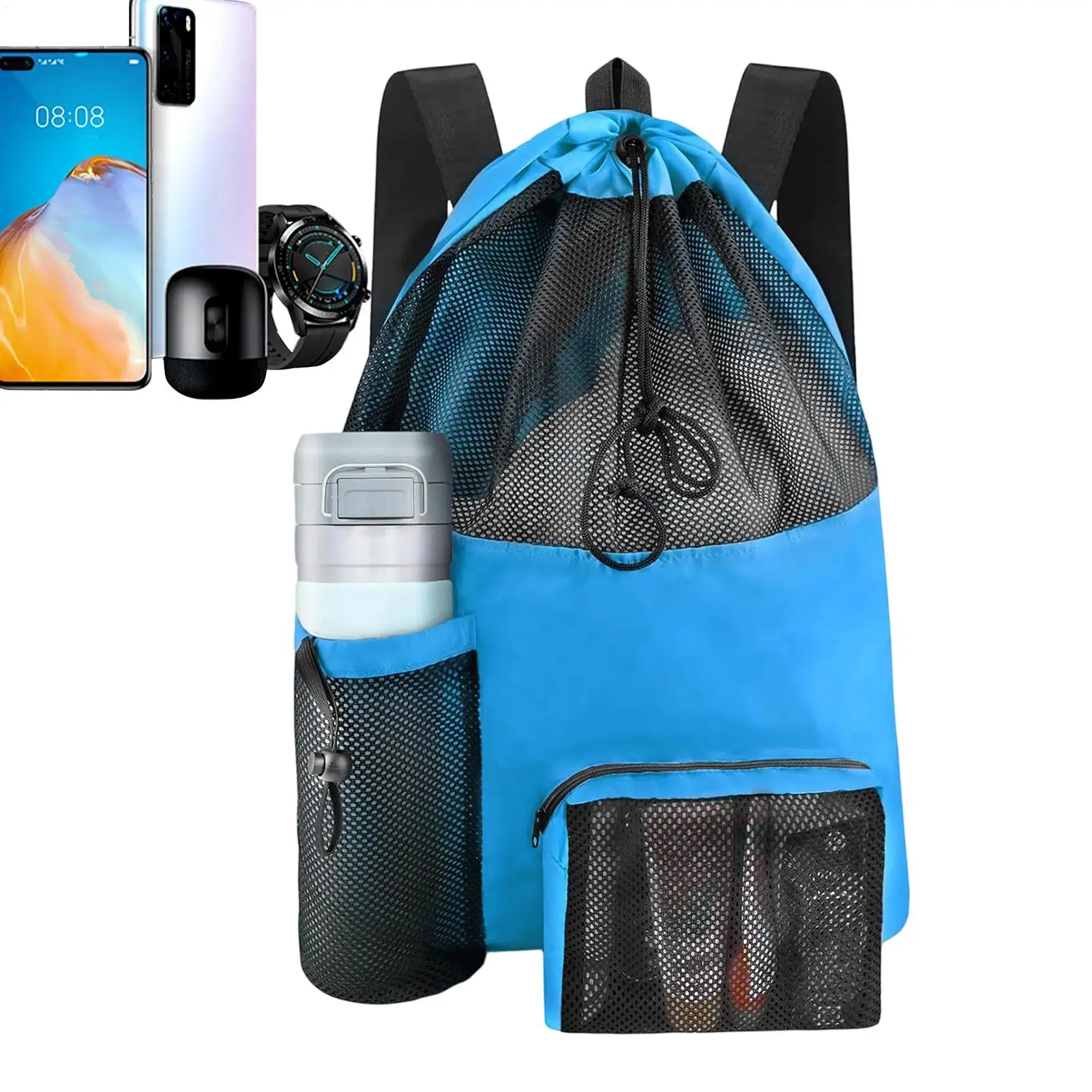 Beach Bag Backpack Multifunction Breathable Lightweight Mesh Bags Drawstring for Kids Adults Gym Sports Swimming Pool Toy Towel