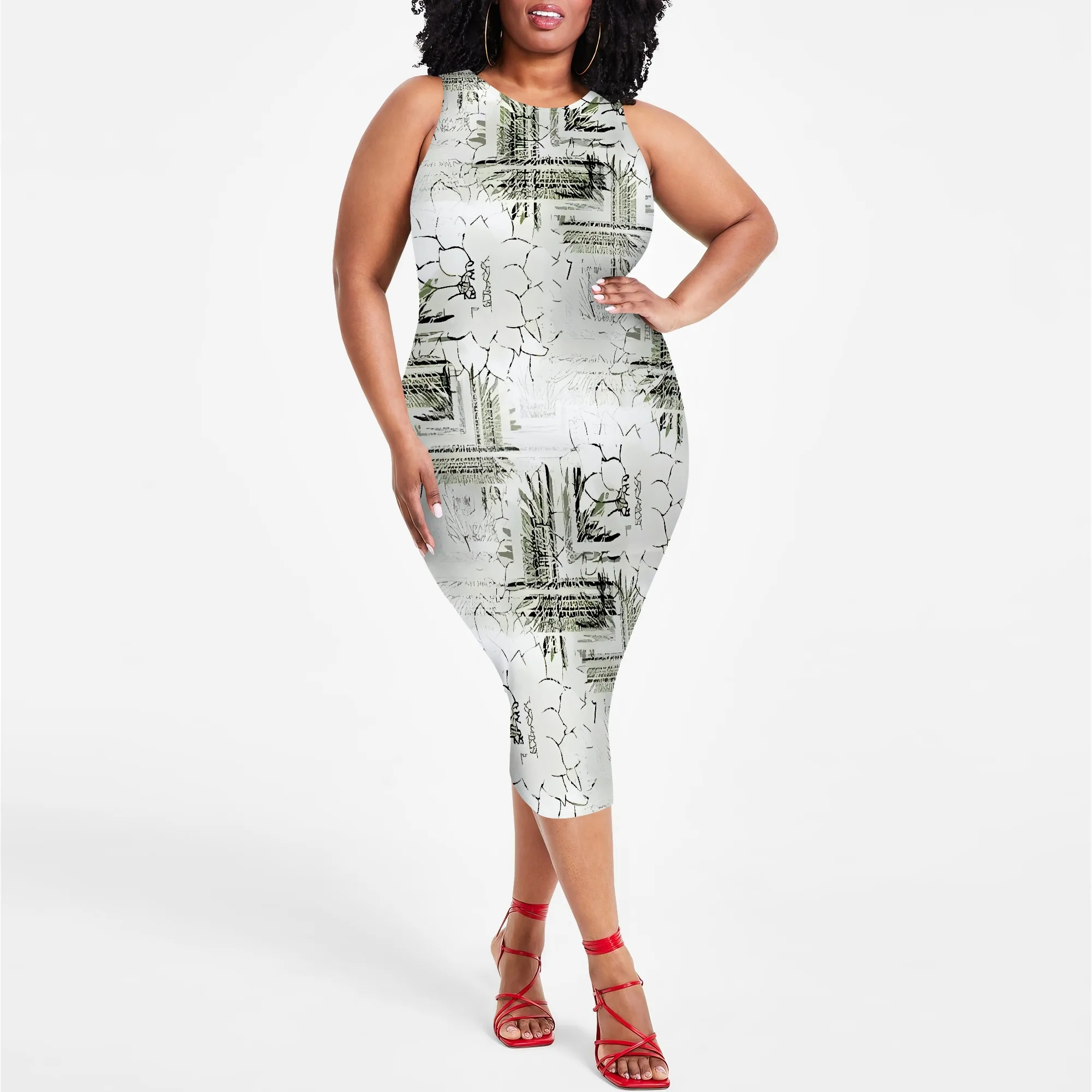 

EQQZD Sleeveless Round Neck Midi Dress Plus Size, Modern Stylish Patchwork Pattern Print Bodycon Dress for Women