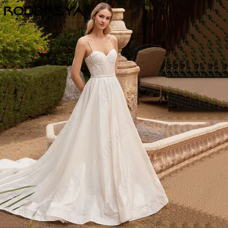 RODDRSYA- Robe de Mariée Trapèze en Tulle Pailmétrage Brcorporelle, Bretelles Spaghetti Élégantes, Train de Balayage Robe de Mariée Trapèze en Tulle Pailmétrage Brcorporelle, Bretelles Spaghetti Élégantes, Train de Bal