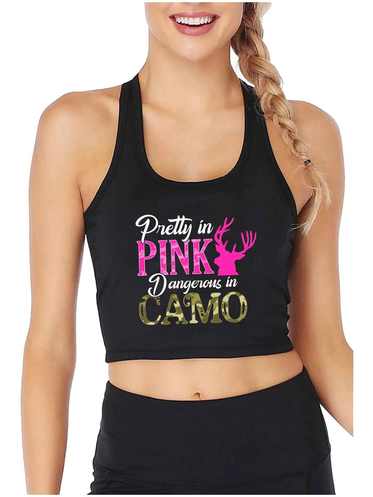 Pretty in Pink Design Sexy Slim Fit Crop Top Dangerous in Camo Hunter Girl Tank Tops Women's Fun Naughty Training Camisole