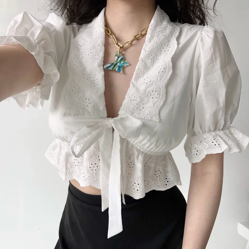 Embroidery Lace Patchwork Short Blouse Summer New Short Sleeve Bandage Solid Sexy Shirt Tops Fashion Temperament Women Clothing